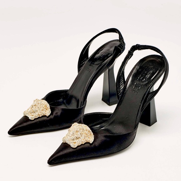 Versace Elegant Black Slingback Heels with Gold Embellishment